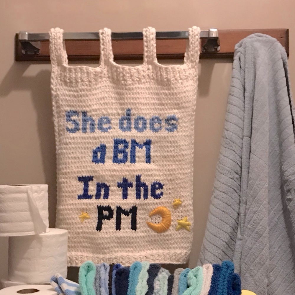 Handmade Knit She Does A BM In The PM Bobs Burgers Large Hanging Hand Towel OOAK